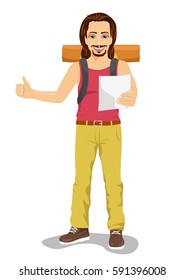 Hitchhiking man with backpack holding map
