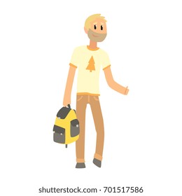 Hitchhiking man with bag trying to stop a car on a highway, travelling by autostop cartoon vector Illustration