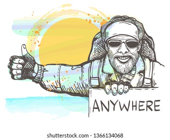 Hitchhiking man with drawn in sketch style. Hitchhiking Travel concept. Vector illustration.
