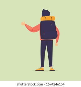 Hitchhiking, a man stops transport. Journey. Flat design vector illustration.