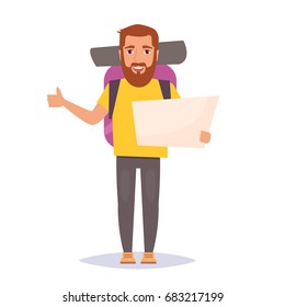 Hitchhiking. Man traveler with backpack. Isolated art on white background. Vector. Cartoon. Flat