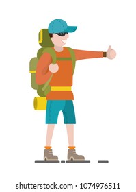 Hitchhiking on the road. Man with a backpack stopped a ride by thumbing. Isolated vector illustration of hitchhiker.