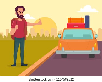 Hitchhiking road travel concept