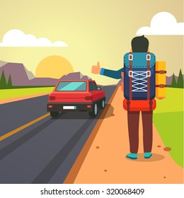 Hitchhiking road travel. Man with a big backpack stopped a ride by thumbing. Flat style vector illustration. 