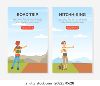 Hitchhiking or Thumbing with Man and Woman Character Stopping Car for Travelling Vector Landing Page Template