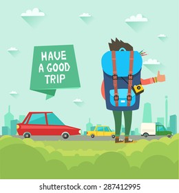 Hitchhiking tourism concept. Vector illustration in flat style. Young Hitchhiker traveling with big bag and photo camera on city background and "Have a good trip" ribbon