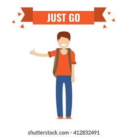 Hitchhiking tourism. Travel and vacation theme.  Autostop trip concept. A man travels by hitchhiking. Flat design vector illustration.