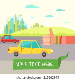 Hitchhiking tourism. Vector illustration in flat style. Young Hitchhiker on city background with road and cars.  