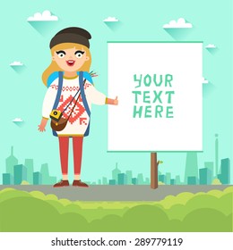 Hitchhiking tourism. Vector illustration in flat style. Young Hitchhiker on city background and placard for text. Girl traveling with big bag and photo camera. 