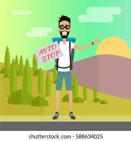 Hitchhiking travel concept. Hitchhiker and traveler shows gesture hitchhiking. Auto stop tourism. Tourist with backpack. Smiling young man personage. Flat design vector illustration.