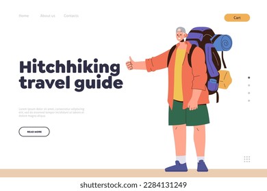 Hitchhiking travel guide landing page design template with happy cartoon male tourist backpacker