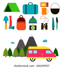 Hitchhiking. Vector illustration
Motorhome and set of objects for hitchhiking. Tools and objects for hitchhiking. Flat design