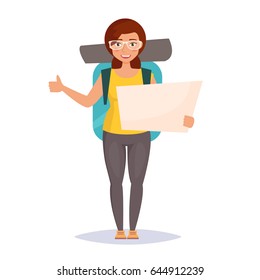 Hitchhiking. Woman traveler with backpack. Isolated art on white background. Vector. Cartoon. Flat