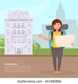 Hitchhiking. Woman traveler with backpack. Isolated art. Vector. Cartoon. Flat. City