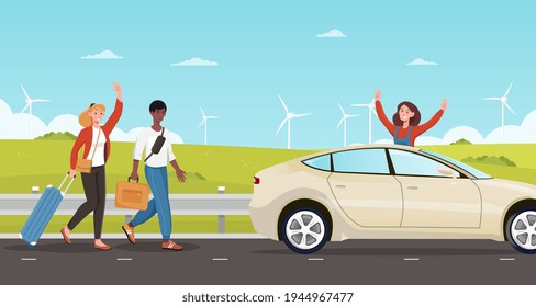 Hitchhiking young family is trying to stop a car with their friend. Freedom to move and rest concept. Flat color cartoon vector illustration concept design. Wind turbine on the background.
