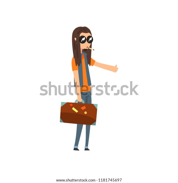 Hitchhiking young man with long hair trying to\
stop a car, guy travelling by autostop cartoon vector Illustration\
on a white\
background
