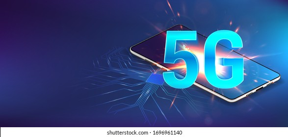 Hi-tech 5G wireless internet wifi connection with isometric mobile phone. Technology global network with high speed internet. 5G vector banner with microchip and mobile technology. Vector illustration