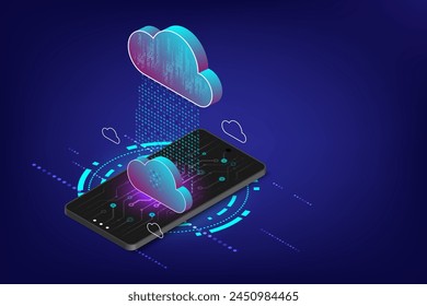 Fondo abstracto de alta tecnología del concepto de computación en la nube. Tecnología Conexión a la computación en la nube, descarga y carga de datos en dispositivos portátiles móviles. Abstractas fondo de Vector isométrico 3d. 