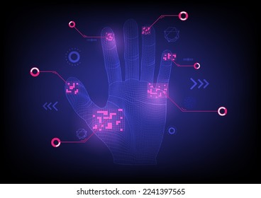 Hi-tech abstract background. Mesh on hand.There is a pink scanning net. draw a line to find the circle There was a bright light below. Multiple Elements on a blue gradient background