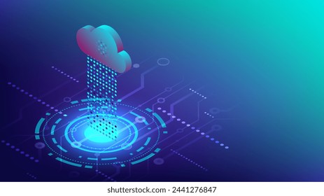 Fondo abstracto de alta tecnología. Tecnología Conexión a la computación en la nube, descarga y carga de datos, almacenamiento de big data. Ilustración vectorial isométrica 3d abstracta. 
