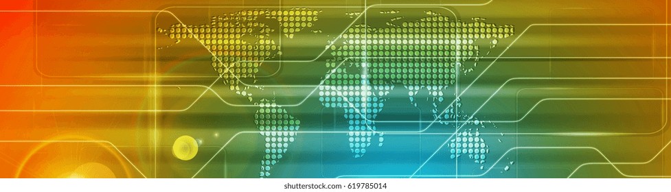 Hi-tech abstract banner with dotted world map. Vector header bright design