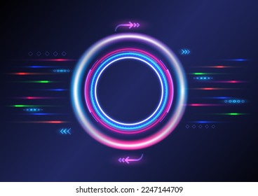 Hi-tech background light circles and tech circles multicolored glowing lines with a bright element having an empty space in the center of the circle on a blue gradient background