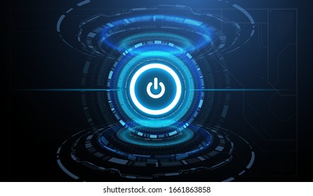Hi-tech background with power button. Technological background. Vector illustration with futuristic HUD elements.