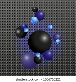 Hightech-Hintergrund. Texturierte Oberfläche und glänzende Kugeln. Blaue und schwarze Bälle auf Metalloberfläche. Vektor EPS10
