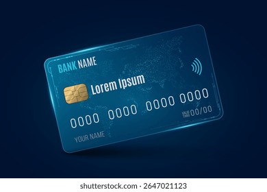 Hi-tech bank card with electronic circuit details and world map on blue background. Credit card with chip and contactless icon for fintech, online payments, and secure transactions. Vector.