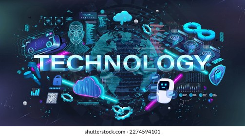 Hi-tech banner. Virtual reality technologies and networks powered by software. AR, VR, Metaverse, Ai neural networks and bots available on the network. Vector 3D futuristic technology banner