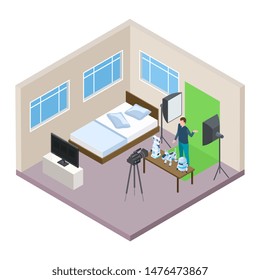 Hi-tech blogger making video isometric vector concept. Internet media blogger, online vlog promotion illustration