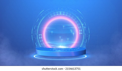 Hi-tech blue futuristic circle 3D stage with smoke. HUD hologram projector, podium. Blank Hologram for show your product. Circle technology portal. Vector illustration