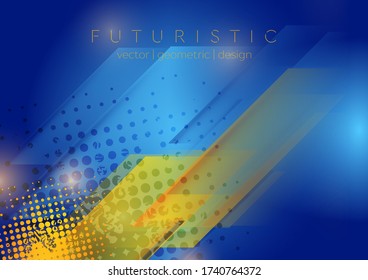 Hi-tech blue and yellow geometric abstract background with grunge halftones. Vector design