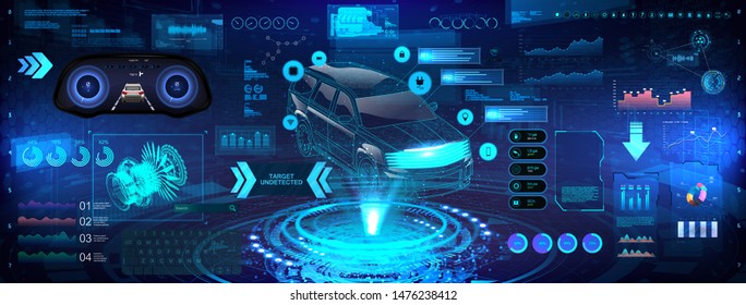 Hi-tech Car analysis and diagnostics in HUD style. 3D Crossover X-ray car hologram, automotive projection, hardware diagnostics condition of car. HUD graphic touch user interface elements set. Vector	