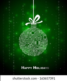 Hi-tech Christmas ball on green background, from a digital electronic circuit 