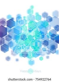 Hi-tech Christmas tree from a digital electronic circuit against the background of hexagons