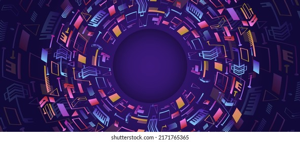 Concepto de innovación en el diseño de círculo de alta tecnología. Resumen de la ilustración futurista del vector de comunicación amplia. Tecnología Sci-fi en el fondo morado.