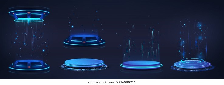 Hi-tech circle portals, holograms, teleports, podium, stage. 3D futuristic podiums in cyberpunk style for show product. Sci-fi digital tech. 3D holograms in futuristic style. Beam frame, light ray.