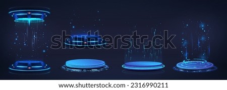 Hi-tech circle portals, holograms, teleports, podium, stage. 3D futuristic podiums in cyberpunk style for show product. Sci-fi digital tech. 3D holograms in futuristic style. Beam frame, light ray.