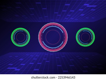 Hi-tech circle with a rectangular shapes on a blue and red abstract background.  Futuristic communication and connection concept. cyberspace, and digital innovation

