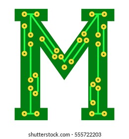 Hi-tech circuit board alphabet. Letter M. Green background. Technology symbol.