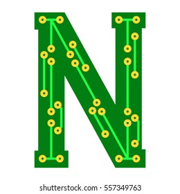 Hi-tech circuit board alphabet. Letter N. Green and gold sign . Technology symbol on white background.