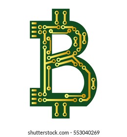 Hi-tech circuit board Bitcoin. Green icon. Gold circuit board. Online wallet. Ecash. Electronic funds icon