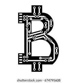 Hi-tech circuit board Bitcoin. Green icon. Gold circuit board. Online wallet. Ecash. Electronic funds icon
