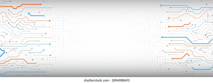 Hi-tech circuit board design innovation concept. Abstract futuristic wide communication vector illustration. Sci-fi technology on the grey background. Template for banner or presentation.

