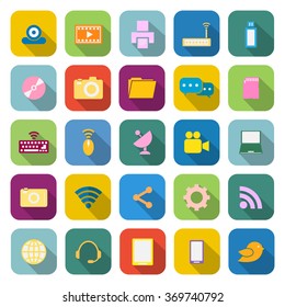 Hi-tech color icons with long shadow on white background