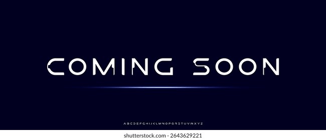 Hi-Tech Coming Soon Typography on Deep Blue Background, Featuring Futuristic Font for Movie Teaser, Design Conference, Forum, and Typographic Fest. Minimalist Typography Design. Vector Illustration.
