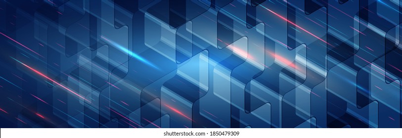 Hi-tech computer digital technology concept. Abstract technology communication. Neon glowing lines. Speed and motion blur over dark  background. Futuristic Web banner