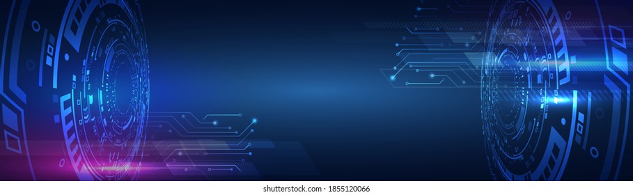 Hi-tech computer digital technology concept. 3d Futuristic glowing circle. Wide perspective Blue background with various technological elements.