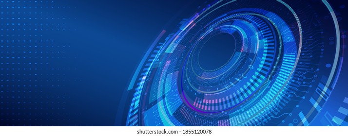 Hi-tech computer digital technology concept. 3d Futuristic glowing circle. Wide perspective Blue background with various technological elements.